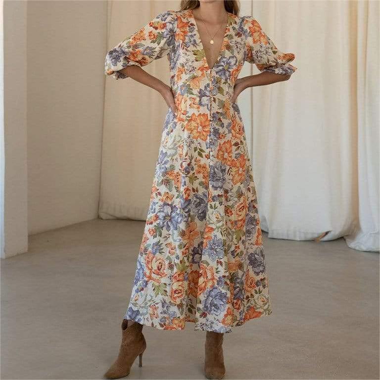 French Royal Colorful Floral V Neck Tight Waist Puff Sleeve Floral Dress by Ragazza
