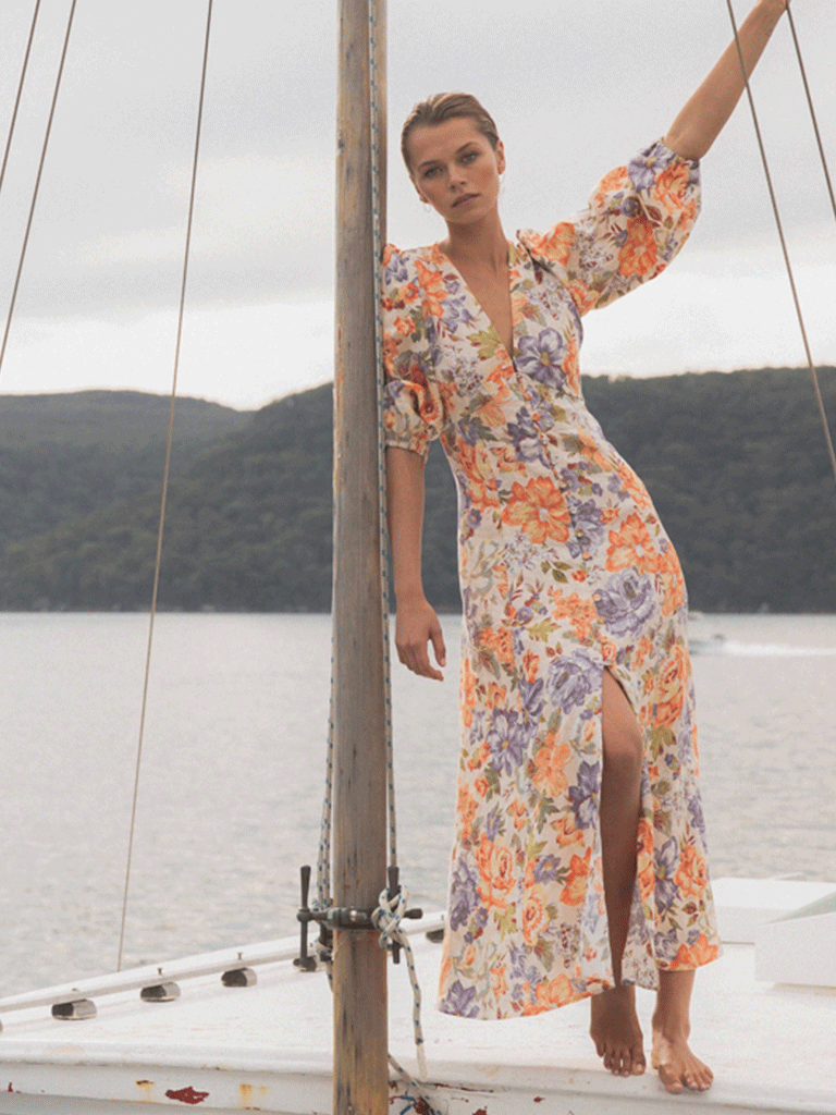 French Royal Colorful Floral V Neck Tight Waist Puff Sleeve Floral Dress by Ragazza