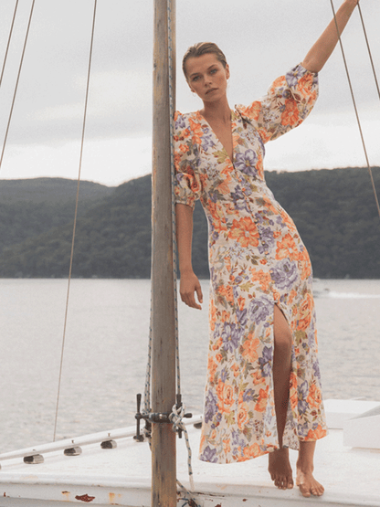 French Royal Colorful Floral V Neck Tight Waist Puff Sleeve Floral Dress by Ragazza