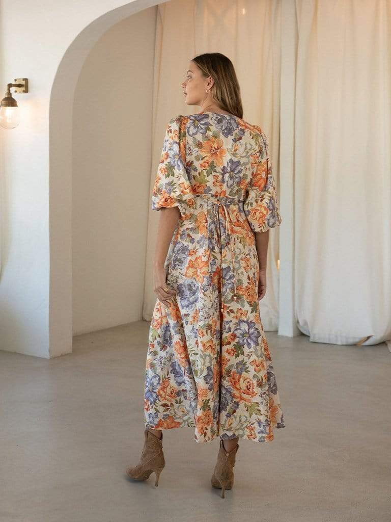 French Royal Colorful Floral V Neck Tight Waist Puff Sleeve Floral Dress by Ragazza