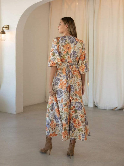 French Royal Colorful Floral V Neck Tight Waist Puff Sleeve Floral Dress by Ragazza