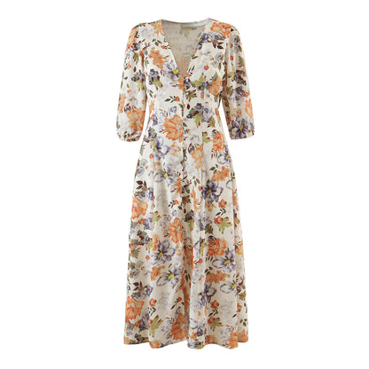 French Royal Colorful Floral V Neck Tight Waist Puff Sleeve Floral Dress by Ragazza