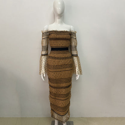 Autumn Bubble Sleeve Square Collar Sexy Mesh Sequ Stitching Elegant Bandage One Piece Dress by Ragazza