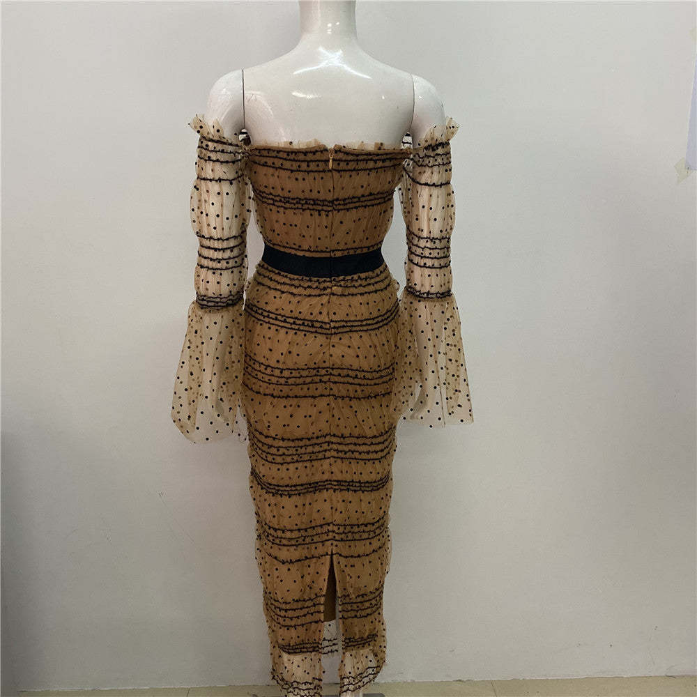 Autumn Bubble Sleeve Square Collar Sexy Mesh Sequ Stitching Elegant Bandage One Piece Dress by Ragazza