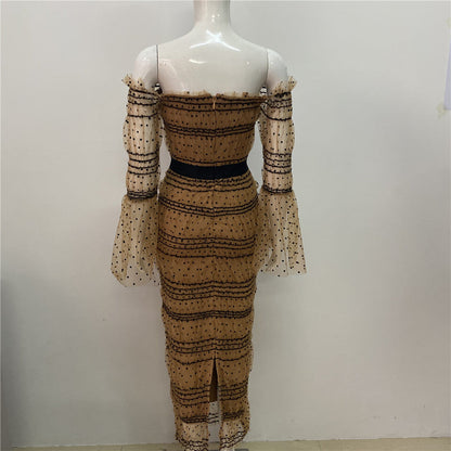Autumn Bubble Sleeve Square Collar Sexy Mesh Sequ Stitching Elegant Bandage One Piece Dress by Ragazza