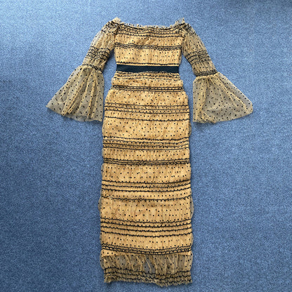 Autumn Bubble Sleeve Square Collar Sexy Mesh Sequ Stitching Elegant Bandage One Piece Dress by Ragazza