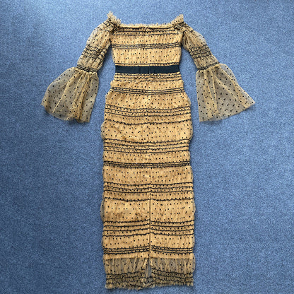 Autumn Bubble Sleeve Square Collar Sexy Mesh Sequ Stitching Elegant Bandage One Piece Dress by Ragazza