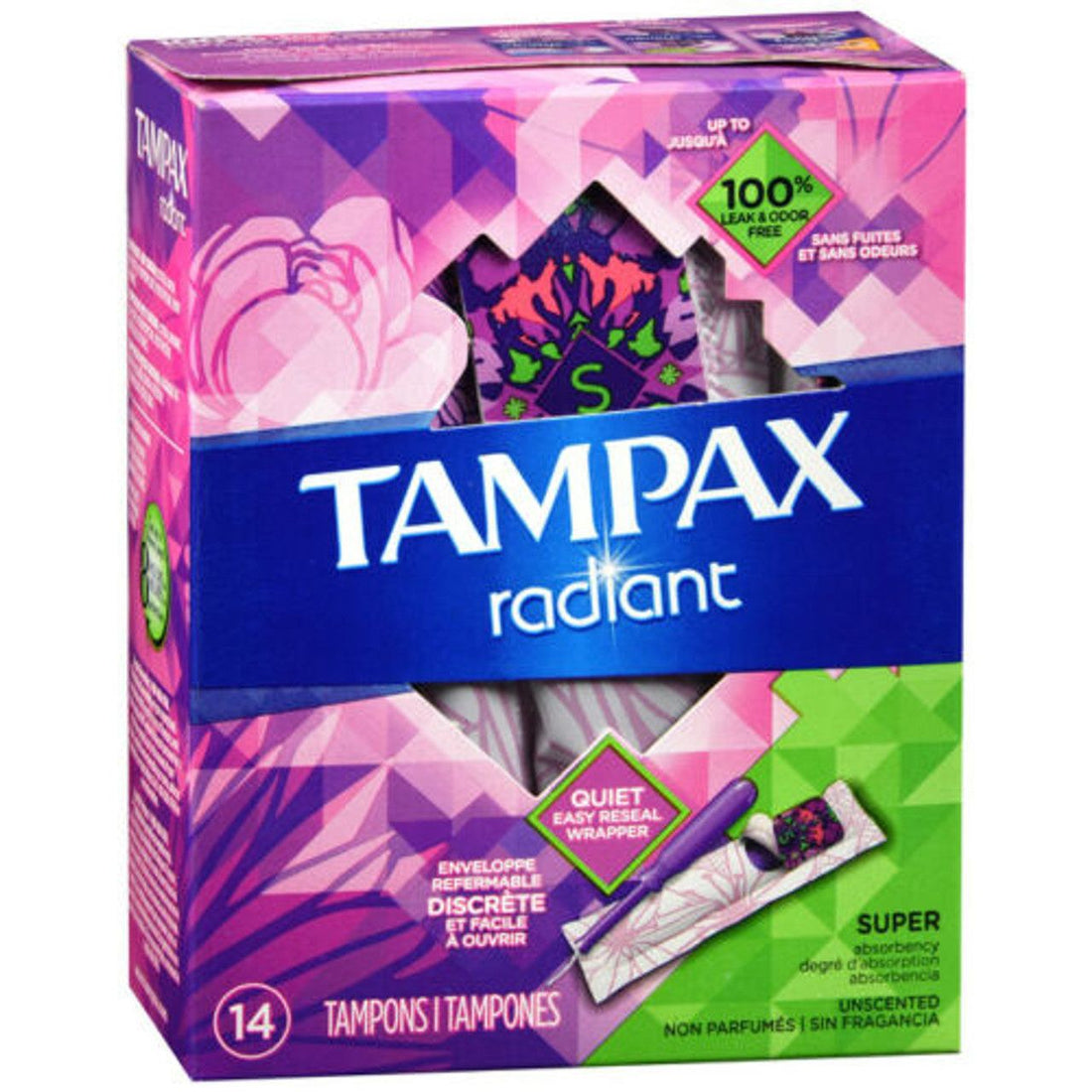 Tampax Radiant Tampons With Leak Guard Braid, Super Absorbency, Unscented 