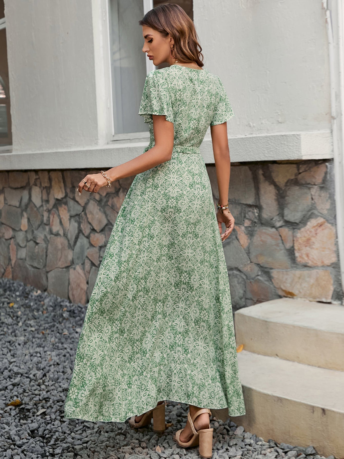 Summer New Women V neck Printed Short sleeved One piece Strap Dress Beach Holiday Style Big dress  DestGlow