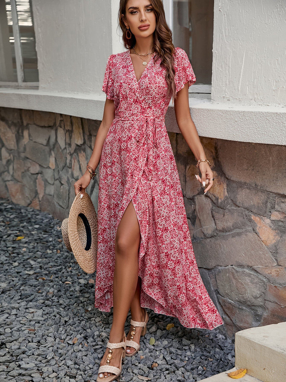 Summer New Women V neck Printed Short sleeved One piece Strap Dress Beach Holiday Style Big dress  DestGlow