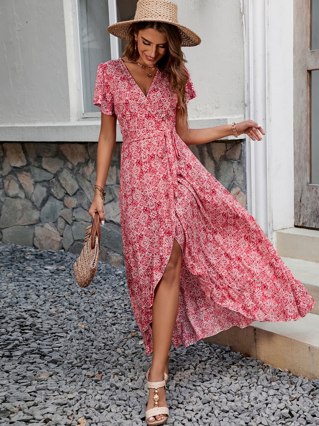 Summer New Women V neck Printed Short sleeved One piece Strap Dress Beach Holiday Style Big dress  DestGlow