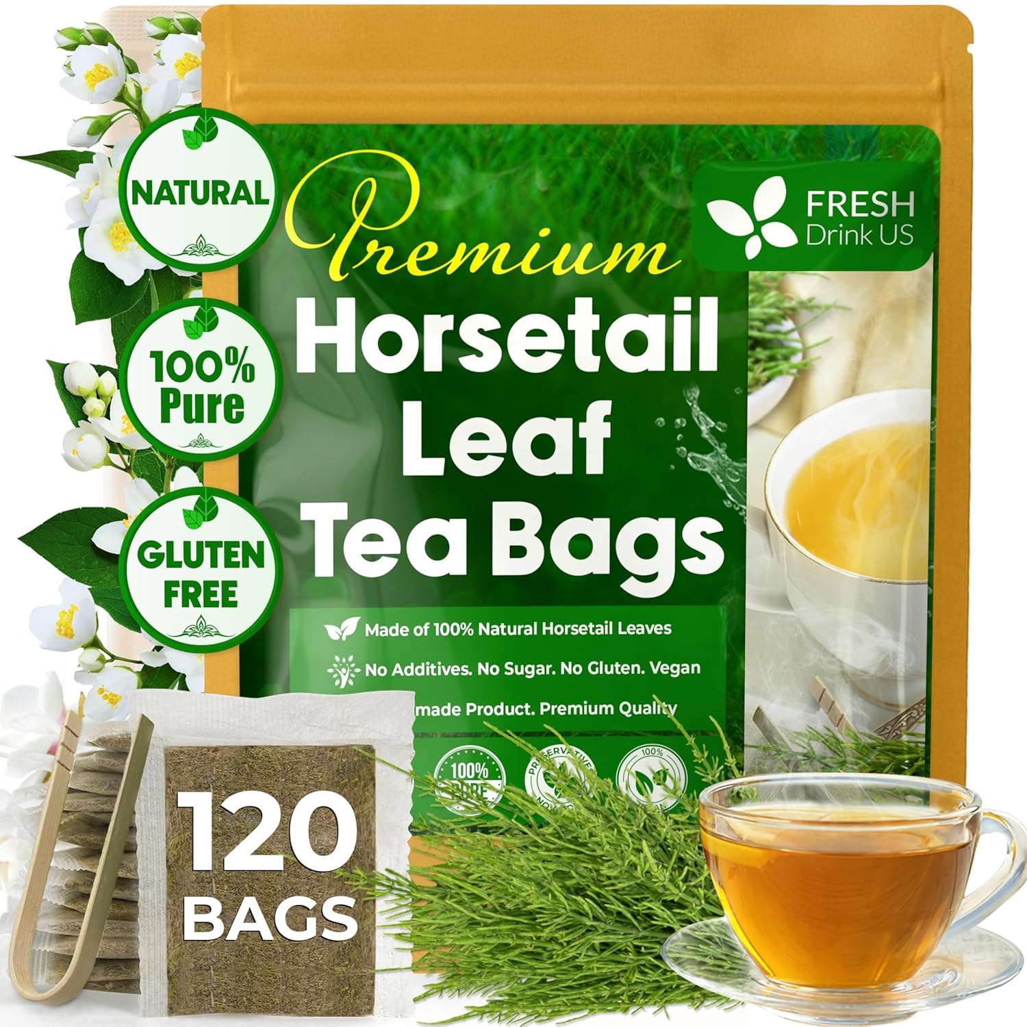 Premium Horsetail Leaf Tea Bags, 100% Natural &amp; Pure from Horsetail Loose Leaves Herbal Tea. No Sugar, No Caffeine, No Gluten, Vegan. by FreshDrinkUS - Natural and Premium Herbal Tea