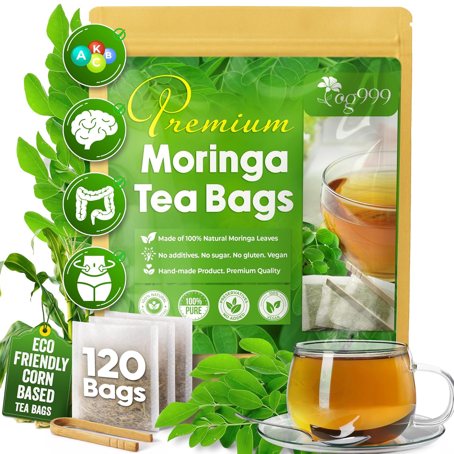 Moringa Leaf Tea Bags, 100% Natural &amp; Pure from Moringa Leaves. Loose Leaf Moringa Herbal Tea. Moringa Leaf Tea. No Sugar, No Caffeine, No Gluten, Vegan by FreshDrinkUS - Natural and Premium Herbal Tea