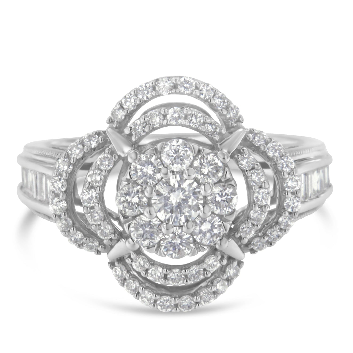 14K White Gold 1.0 Cttw Round &amp; Baguette Cut Diamond Floral Cluster Quatrefoil Channel Set Band Cocktail Statement Ring (H-I Color, SI2-I1 Clarity) - Size 6-3/4 
