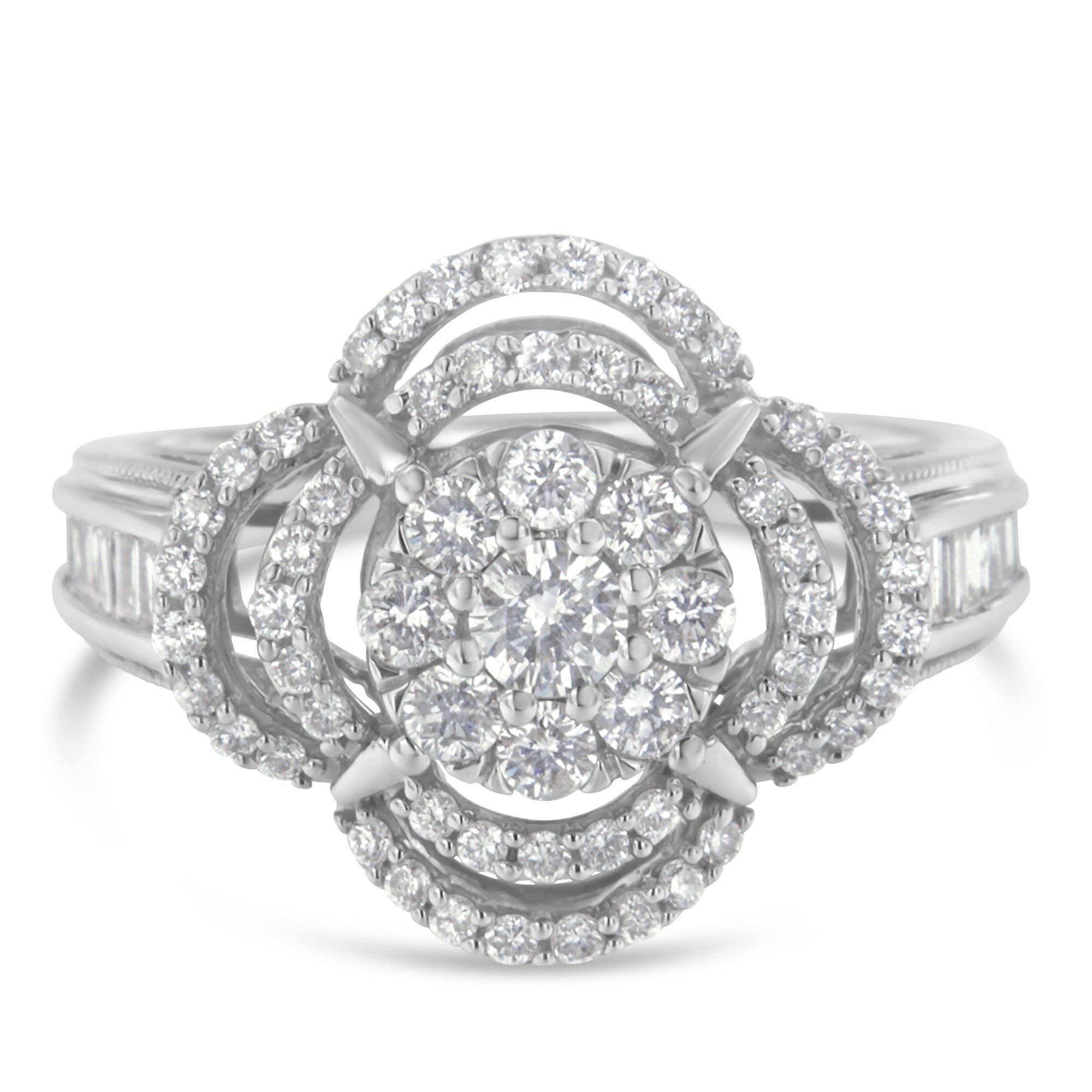 14K White Gold 1.0 Cttw Round &amp; Baguette Cut Diamond Floral Cluster Quatrefoil Channel Set Band Cocktail Statement Ring (H-I Color, SI2-I1 Clarity) - Size 6-3/4 