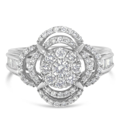 14K White Gold 1.0 Cttw Round &amp; Baguette Cut Diamond Floral Cluster Quatrefoil Channel Set Band Cocktail Statement Ring (H-I Color, SI2-I1 Clarity) - Size 6-3/4 
