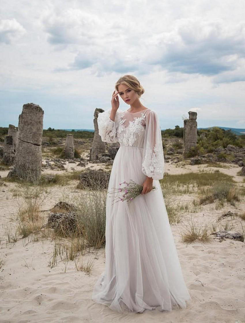 Women Round Neck Puff Sleeve Mesh Embroidery Dress Wedding Dress by Ragazza
