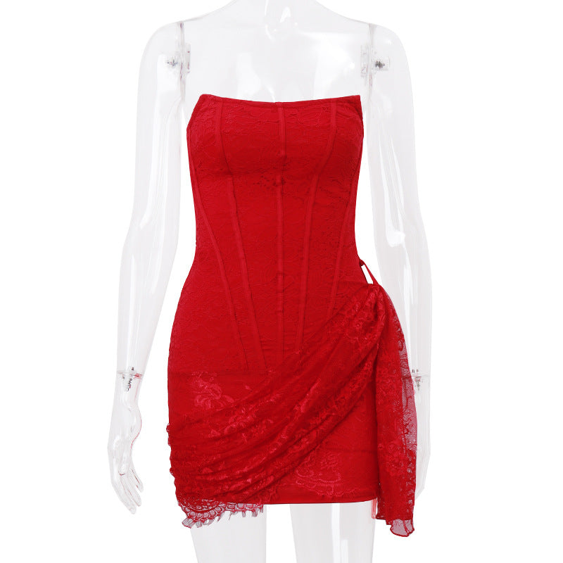 Fall Women Clothing Sexy Lace Boning Corset off Shoulder Tube Top Slightly Transparent Slim Fit Dress Women by Ragazza