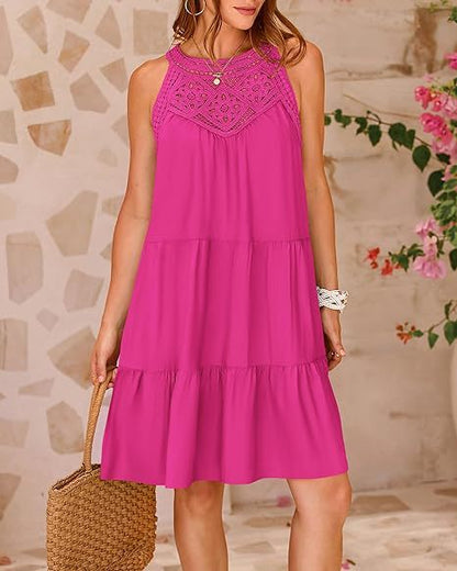 Women Clothing Popular Hollow Out Cutout Lace Stitching Halter A line Dress by Ragazza