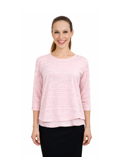 3/4 Sleeve Modest Striped Rib Knit Top with Solid Panel - Hip Length Casual Comfort by Kosher Casual USA