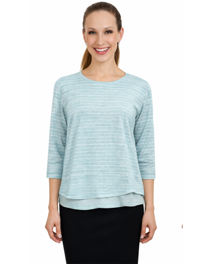 3/4 Sleeve Modest Striped Rib Knit Top with Solid Panel - Hip Length Casual Comfort by Kosher Casual USA