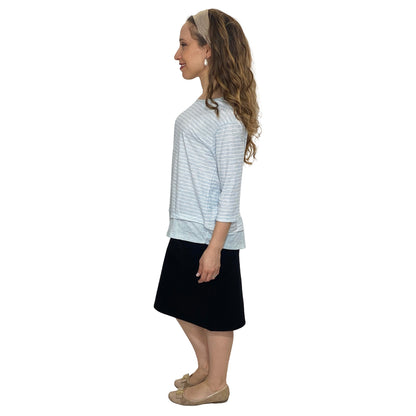 3/4 Sleeve Modest Striped Rib Knit Top with Solid Panel - Hip Length Casual Comfort by Kosher Casual USA