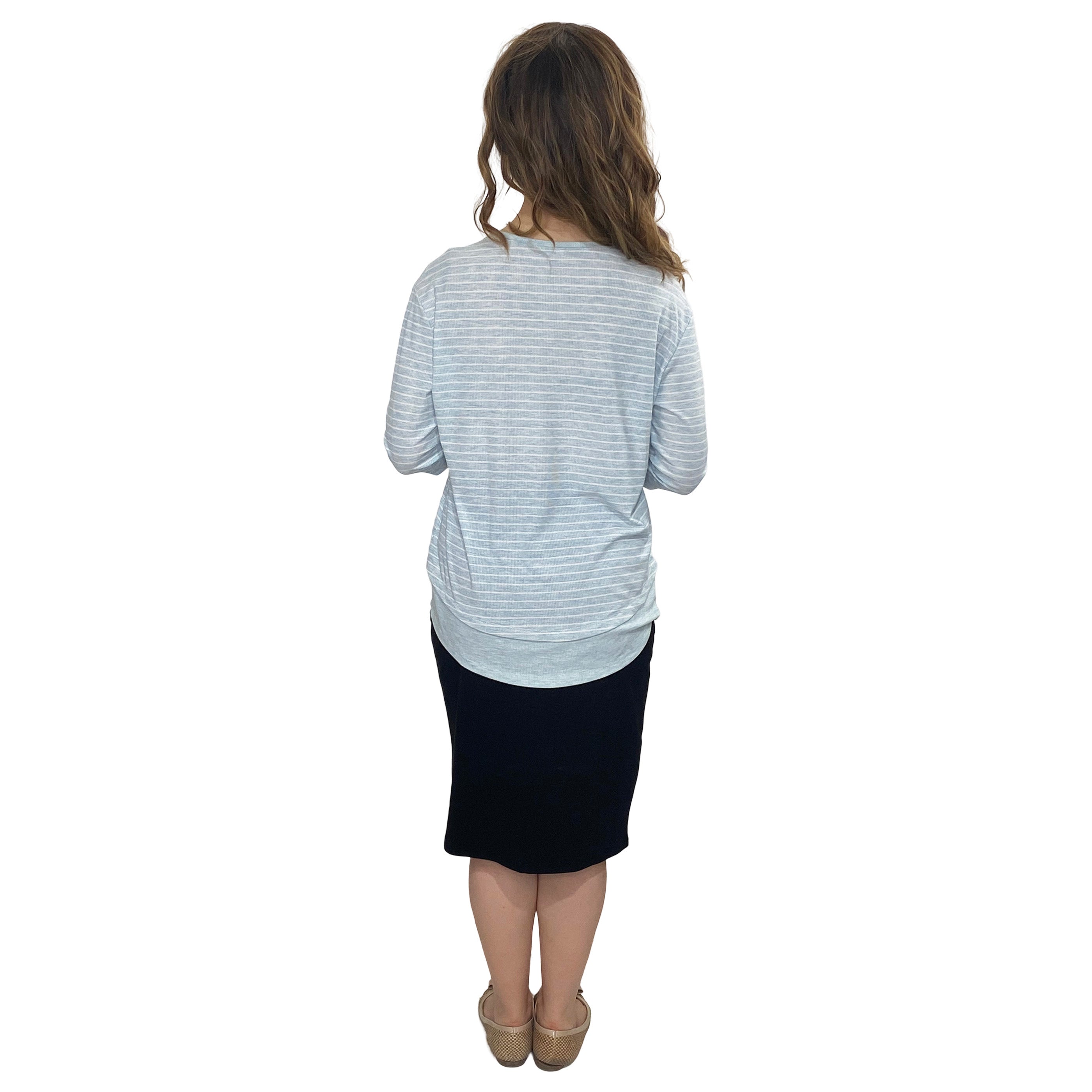 3/4 Sleeve Modest Striped Rib Knit Top with Solid Panel - Hip Length Casual Comfort by Kosher Casual USA