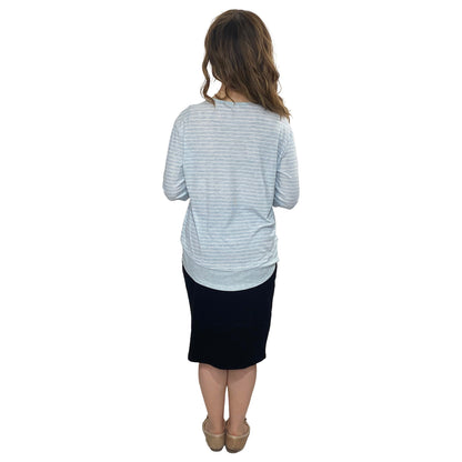 3/4 Sleeve Modest Striped Rib Knit Top with Solid Panel - Hip Length Casual Comfort by Kosher Casual USA
