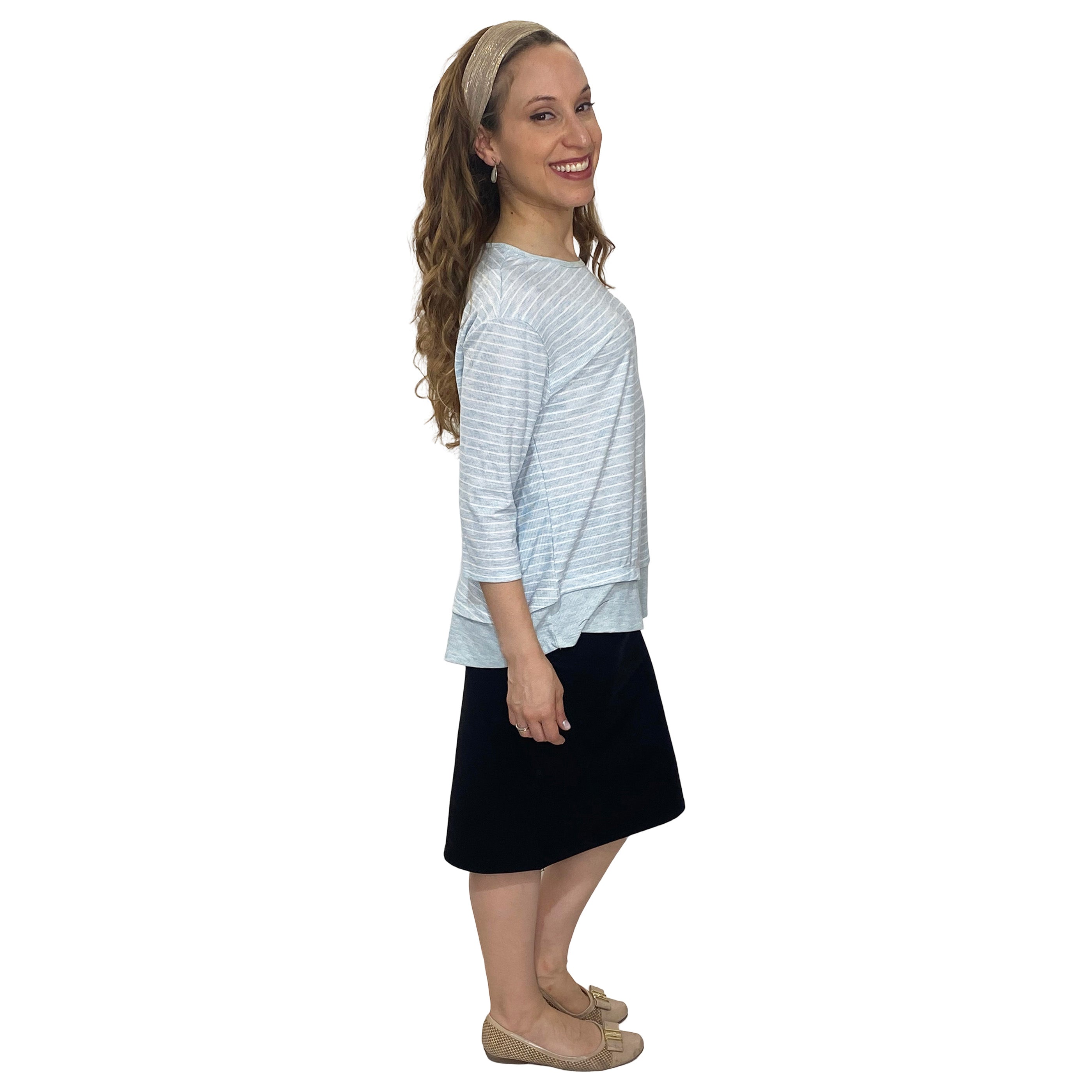 3/4 Sleeve Modest Striped Rib Knit Top with Solid Panel - Hip Length Casual Comfort by Kosher Casual USA
