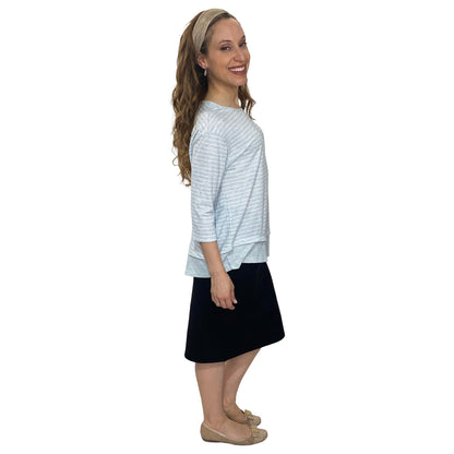 3/4 Sleeve Modest Striped Rib Knit Top with Solid Panel - Hip Length Casual Comfort by Kosher Casual USA