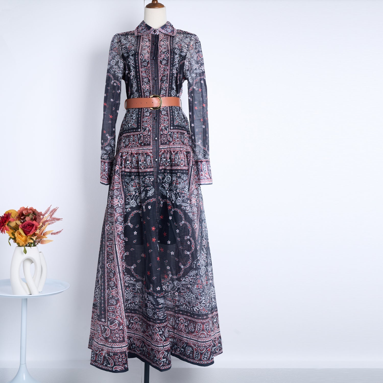 Women Lapel Single Breasted Super Long Two Piece Set With Positioning Printed Dress by Ragazza