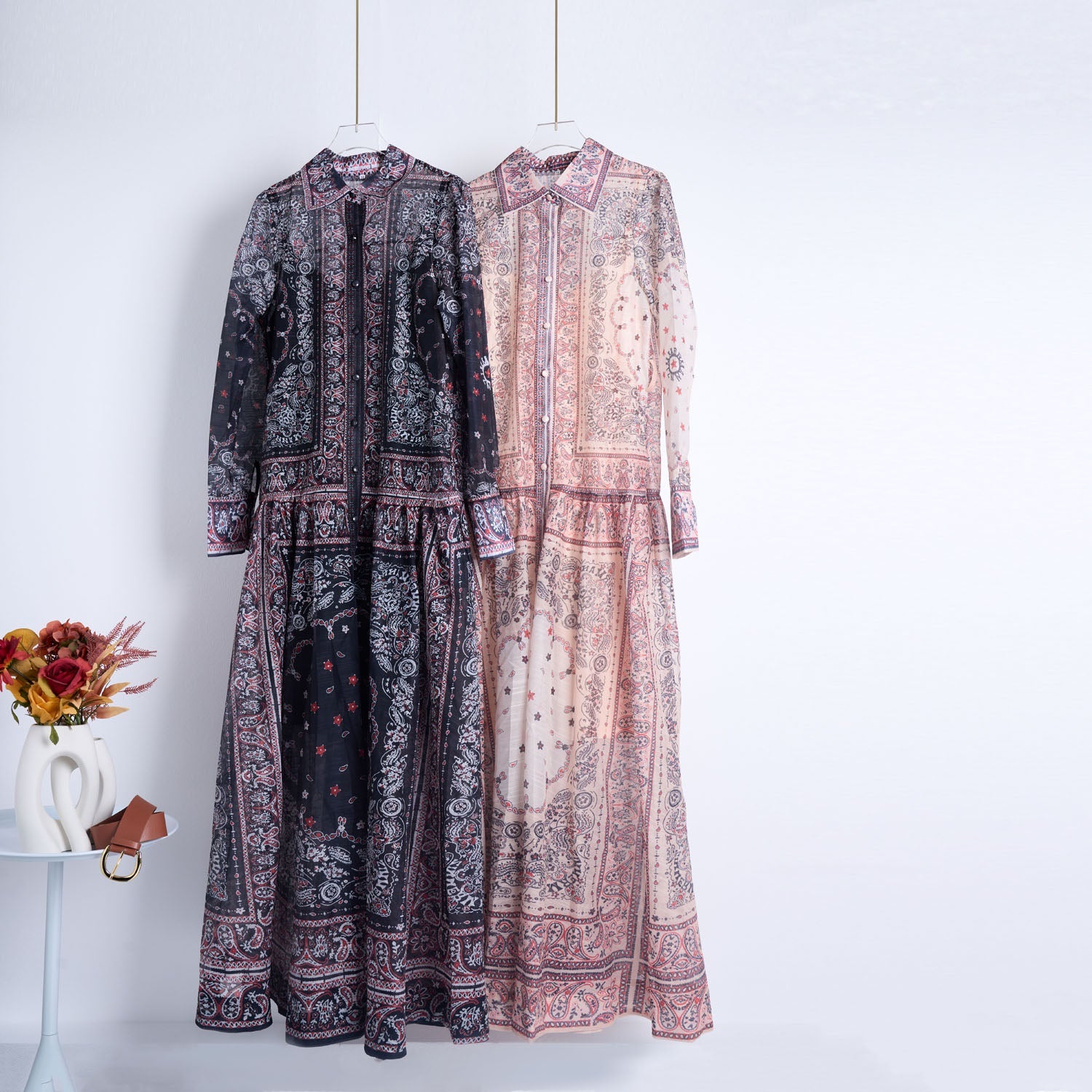 Women Lapel Single Breasted Super Long Two Piece Set With Positioning Printed Dress by Ragazza