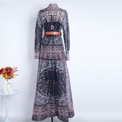 Women Lapel Single Breasted Super Long Two Piece Set With Positioning Printed Dress by Ragazza