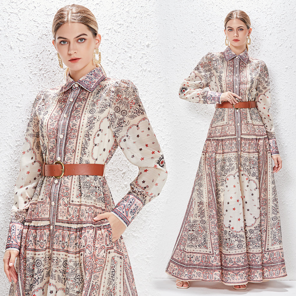 Women Lapel Single Breasted Super Long Two Piece Set With Positioning Printed Dress by Ragazza