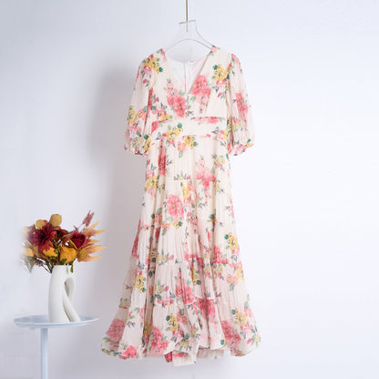Heavy Duty Pleated Printed Oversized Swing Bubble Sleeve Dress Long Tight Waist Stitching Dress by Ragazza