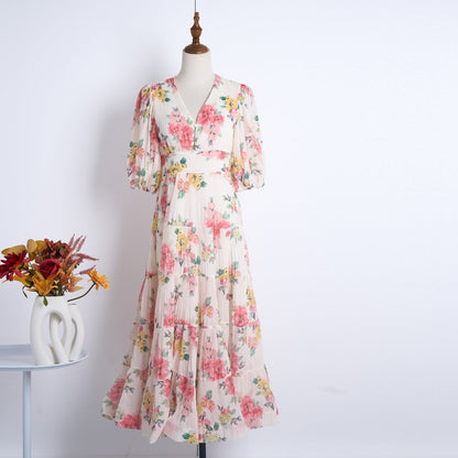 Heavy Duty Pleated Printed Oversized Swing Bubble Sleeve Dress Long Tight Waist Stitching Dress by Ragazza