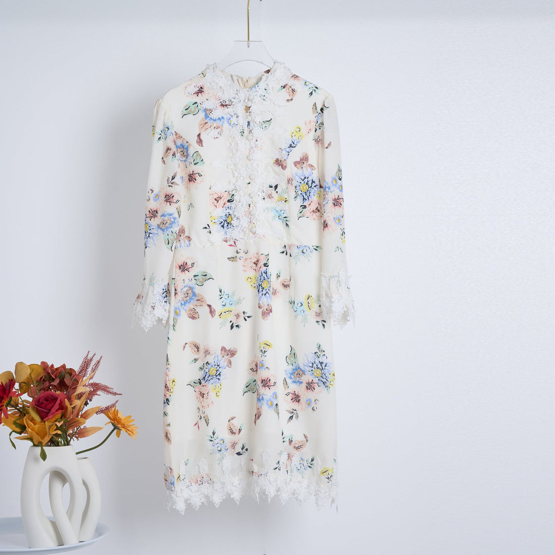 Spring Summer Heavy Industry Stitching Lace Single Breasted Stand Collar Horn Sleeve Printed Dress Short by Ragazza
