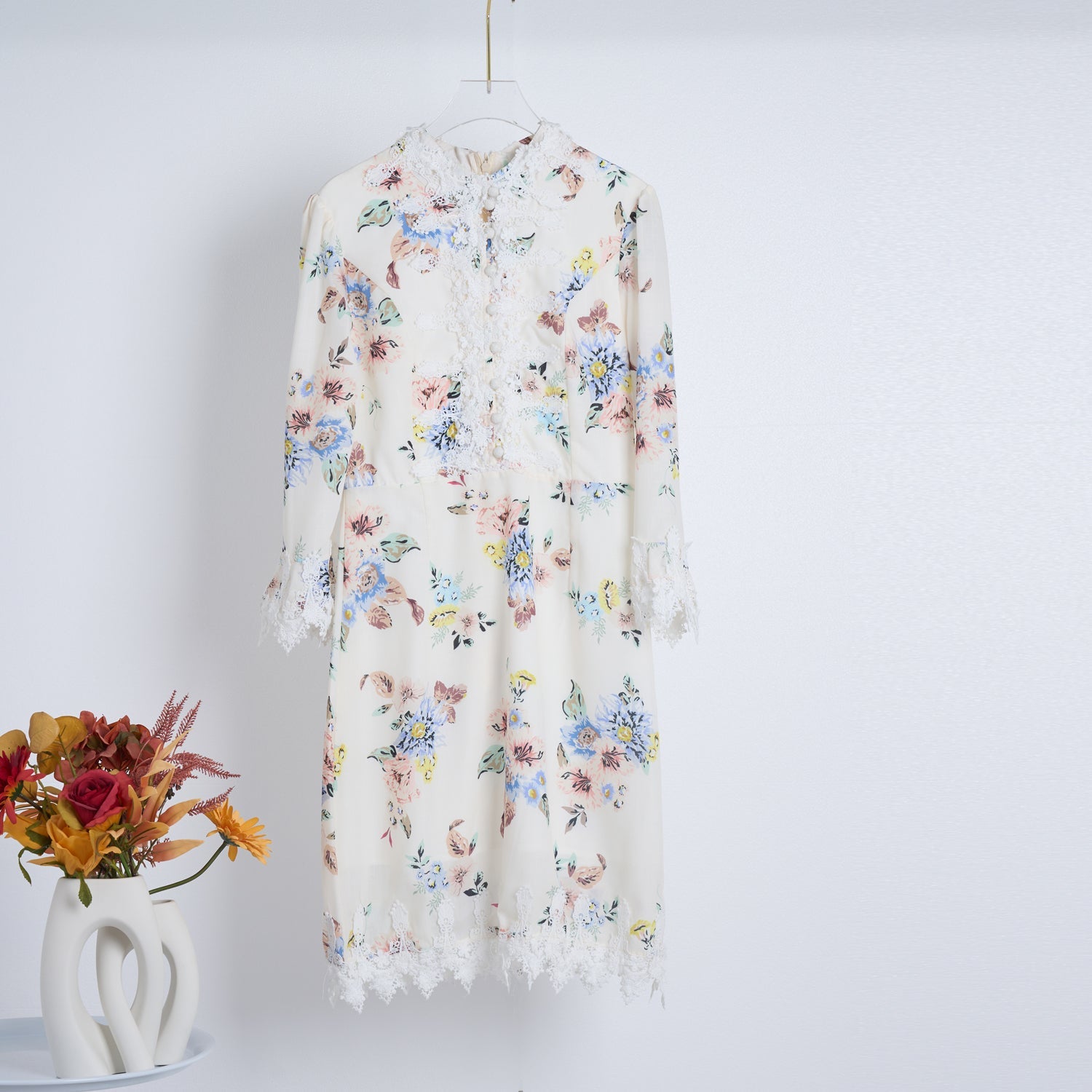 Spring Summer Heavy Industry Stitching Lace Single Breasted Stand Collar Horn Sleeve Printed Dress Short by Ragazza