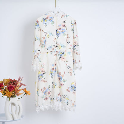 Spring Summer Heavy Industry Stitching Lace Single Breasted Stand Collar Horn Sleeve Printed Dress Short by Ragazza