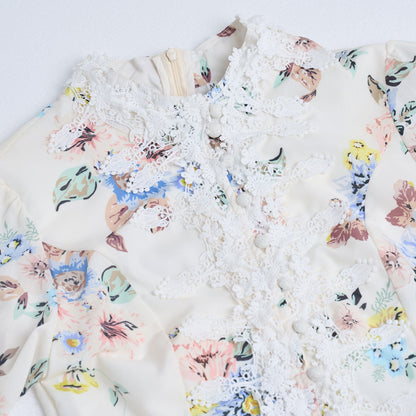 Spring Summer Heavy Industry Stitching Lace Single Breasted Stand Collar Horn Sleeve Printed Dress Short by Ragazza