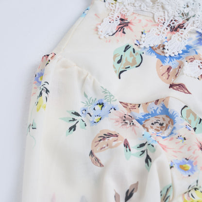 Spring Summer Heavy Industry Stitching Lace Single Breasted Stand Collar Horn Sleeve Printed Dress Short by Ragazza
