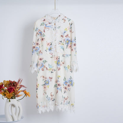 Spring Summer Heavy Industry Stitching Lace Single Breasted Stand Collar Horn Sleeve Printed Dress Short by Ragazza