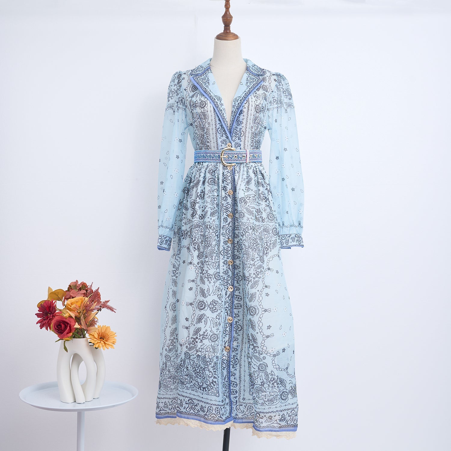 Spring Summer Single Breasted Lace Dress Dress With Belt by Ragazza