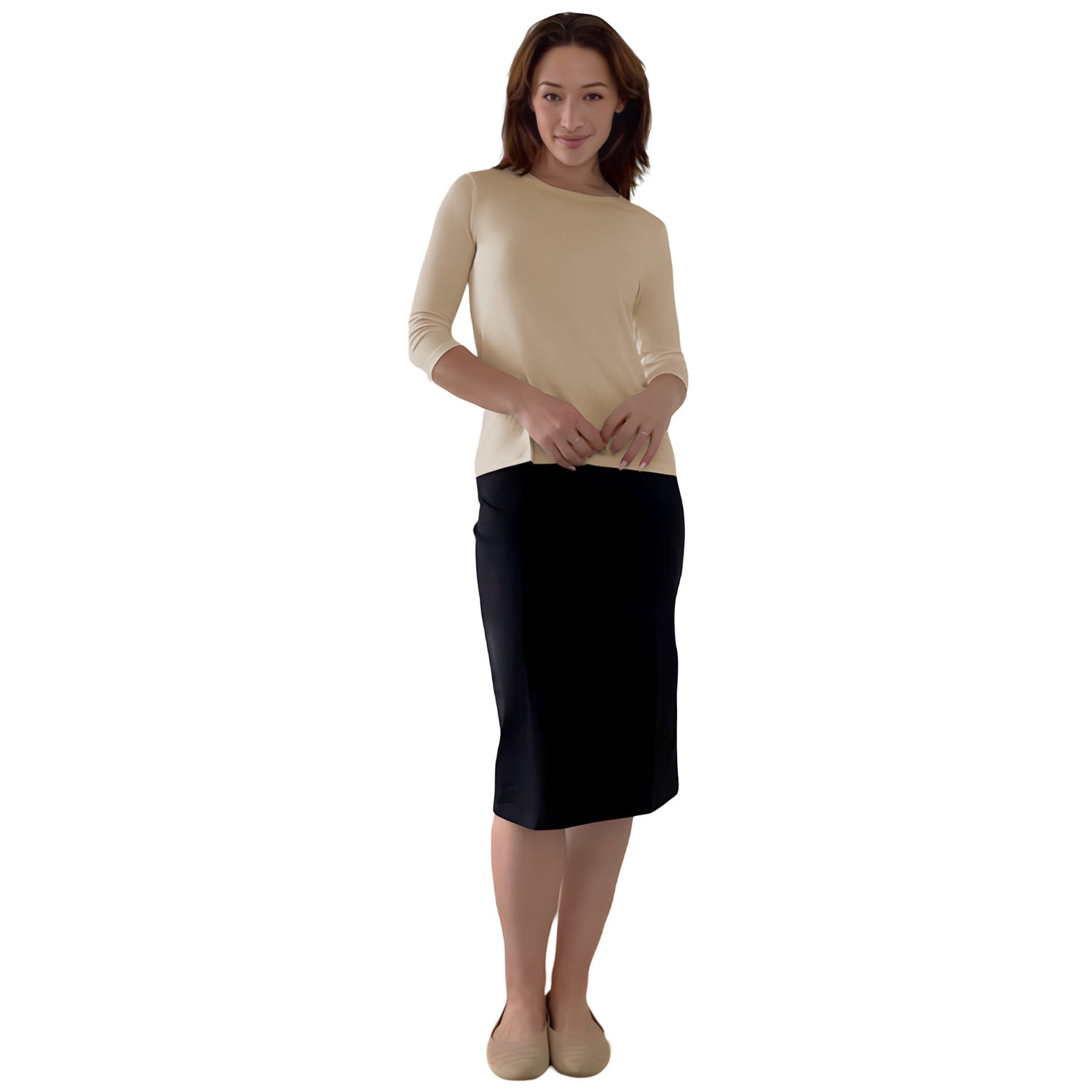 Modest 3/4 Sleeve Layering Shell with Below Collarbone Neckline by Kosher Casual USA
