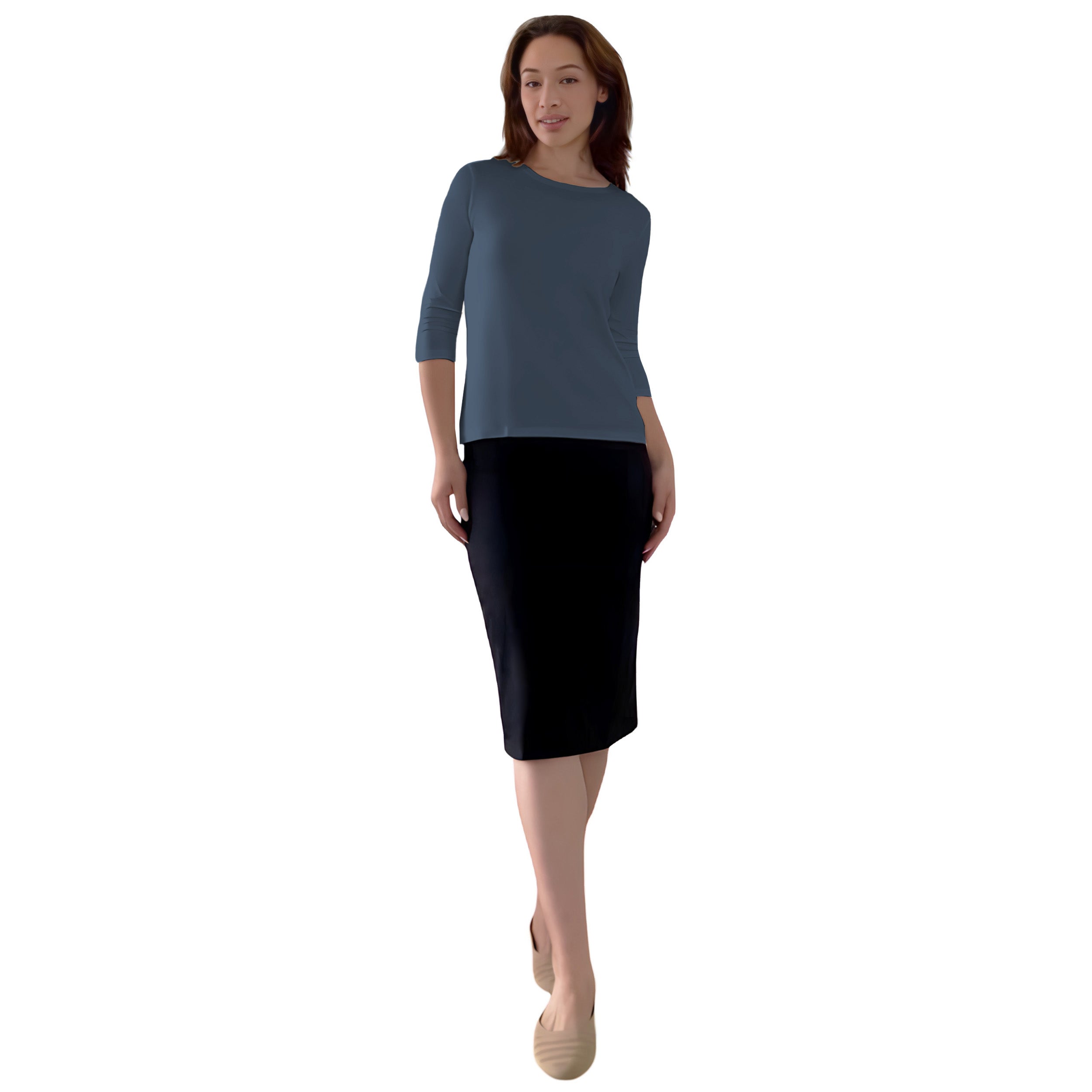 Modest 3/4 Sleeve Layering Shell with Below Collarbone Neckline by Kosher Casual USA