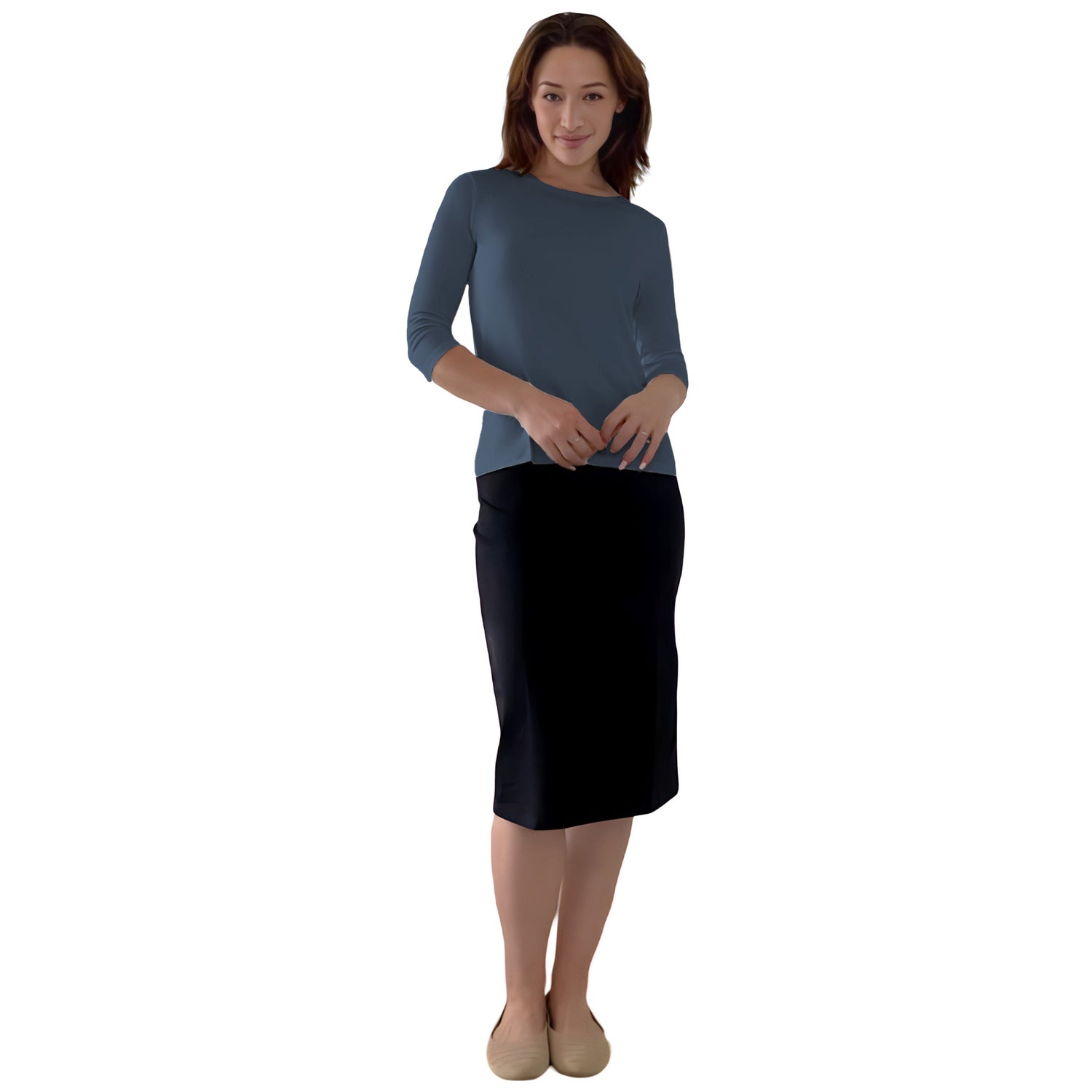 Modest 3/4 Sleeve Layering Shell with Below Collarbone Neckline by Kosher Casual USA