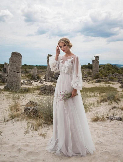 Women Round Neck Puff Sleeve Mesh Embroidery Dress Wedding Dress by Ragazza