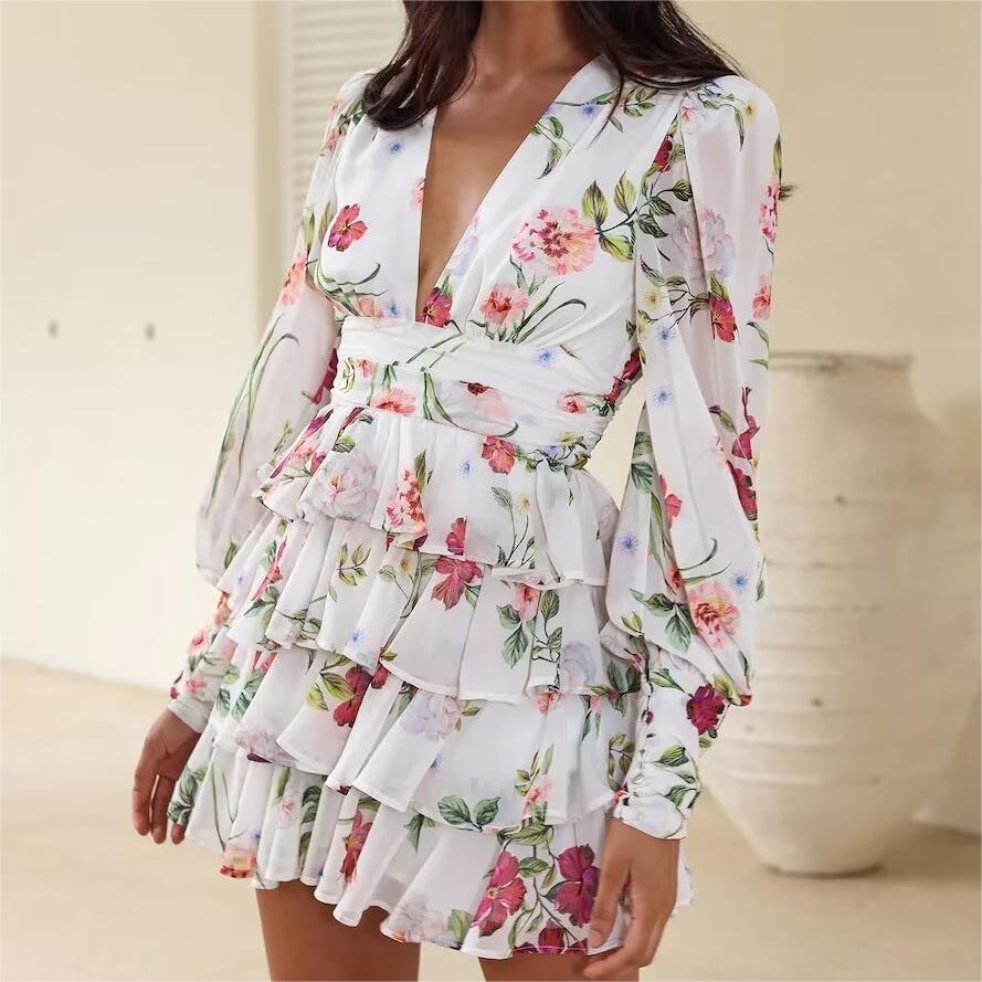 Spring Creative Fresh V Neck Printed Chiffon Layered Tiered Dress by Ragazza