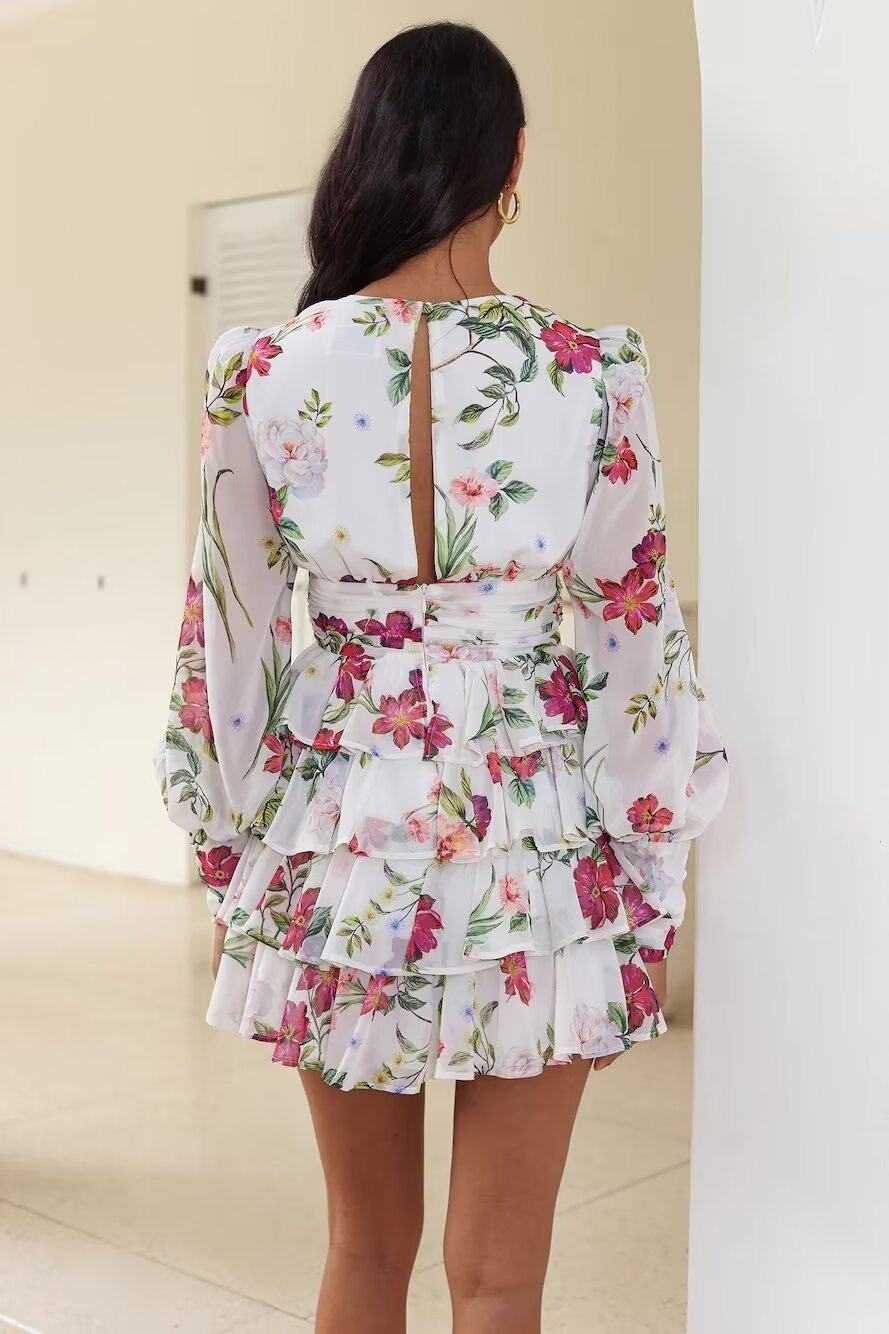 Spring Creative Fresh V Neck Printed Chiffon Layered Tiered Dress by Ragazza