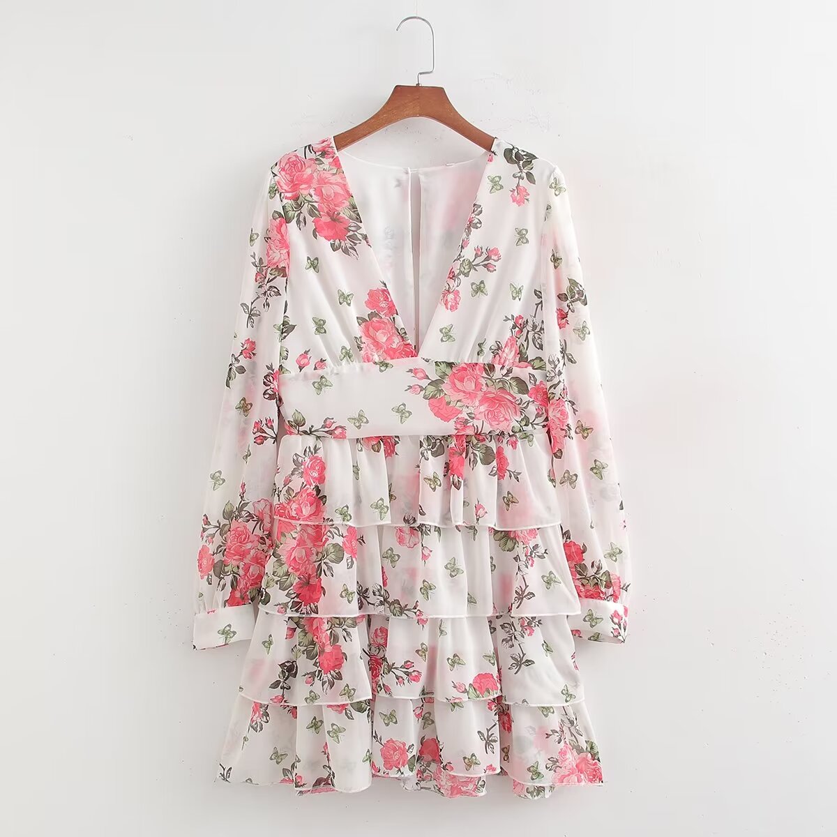 Spring Creative Fresh V Neck Printed Chiffon Layered Tiered Dress by Ragazza